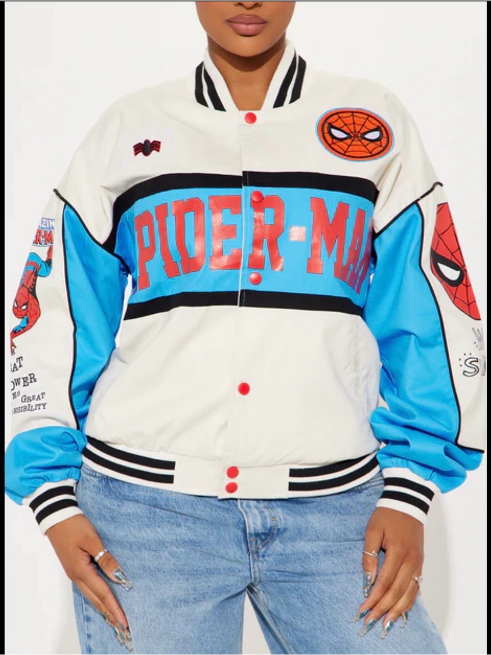 Fashion Nova Spider-Man Varsity Jacket - White Blue Red